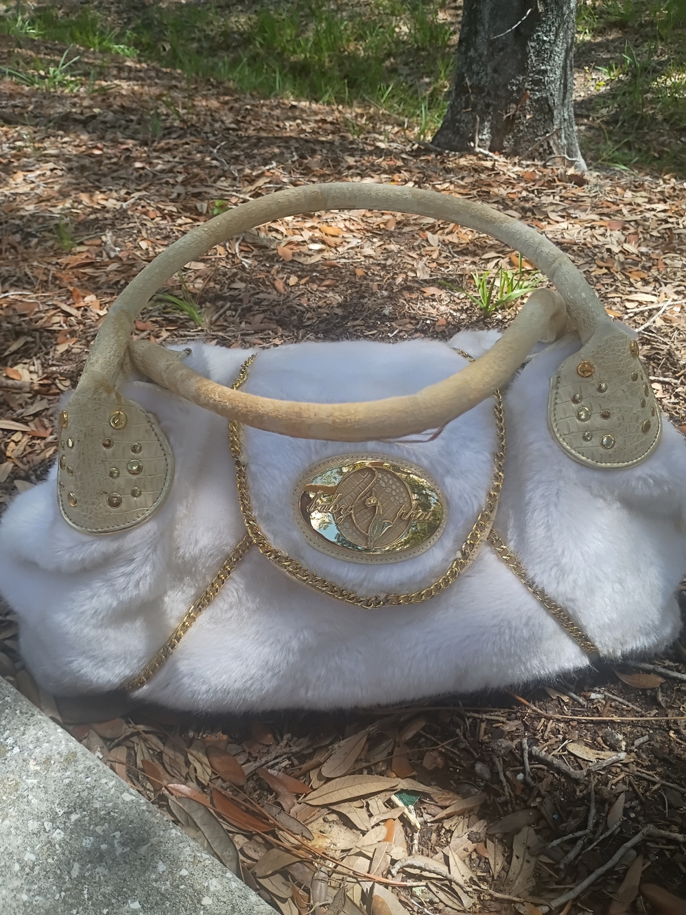 White Faux Fur Baby Phat Handbag with Gold Accents